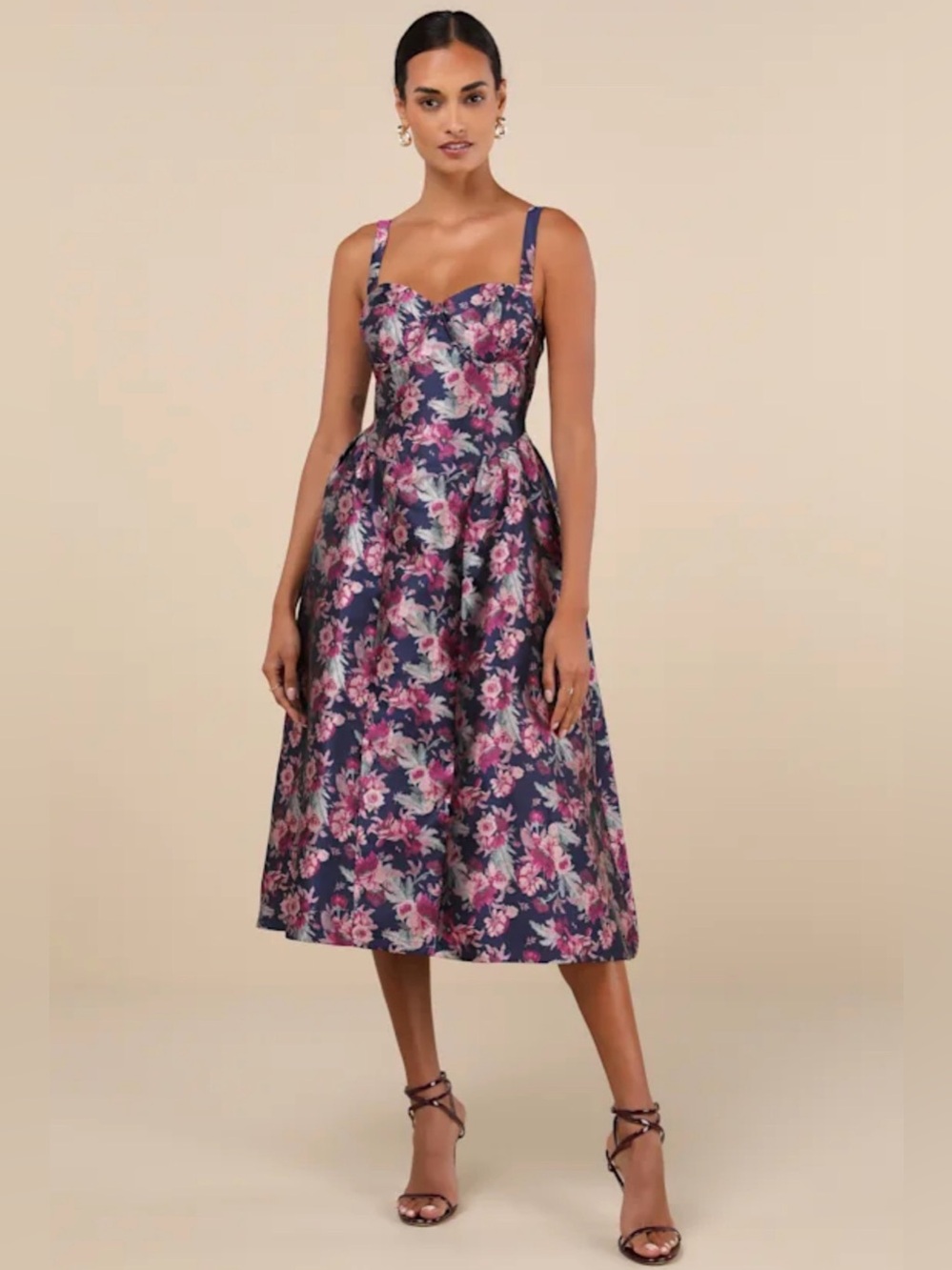 Lulus Attractive Essence Navy Floral Jacquard Midi Dress Pockets Size XL NWT